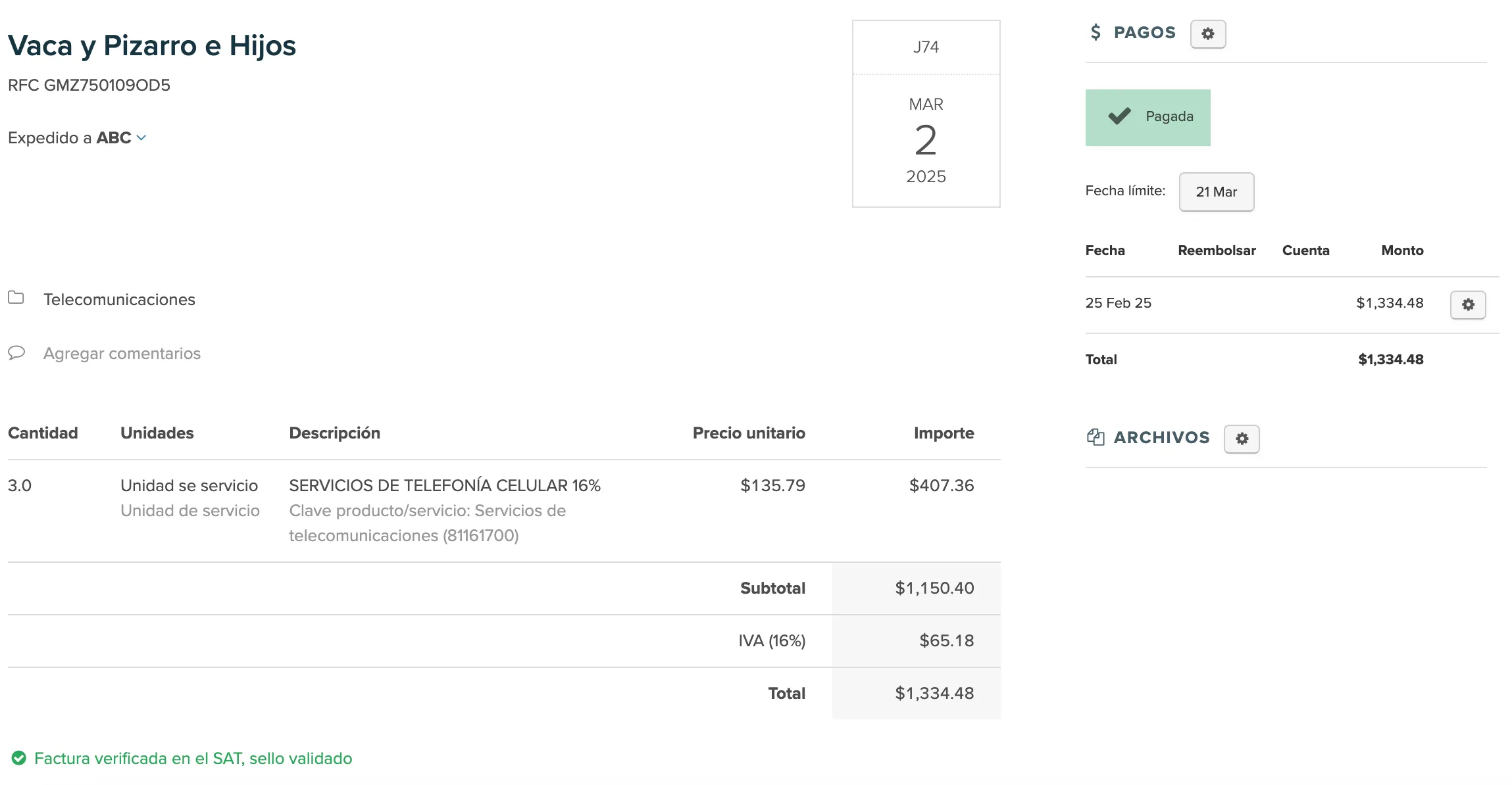 Detalle de una factura